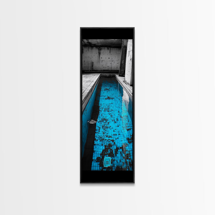 Abandoned Pool, Urban Texture, Gritty Vibes, Blue Contrast, Framed Canvas Print, Industrial Wall Art, Moody Bathroom or Loft Decor