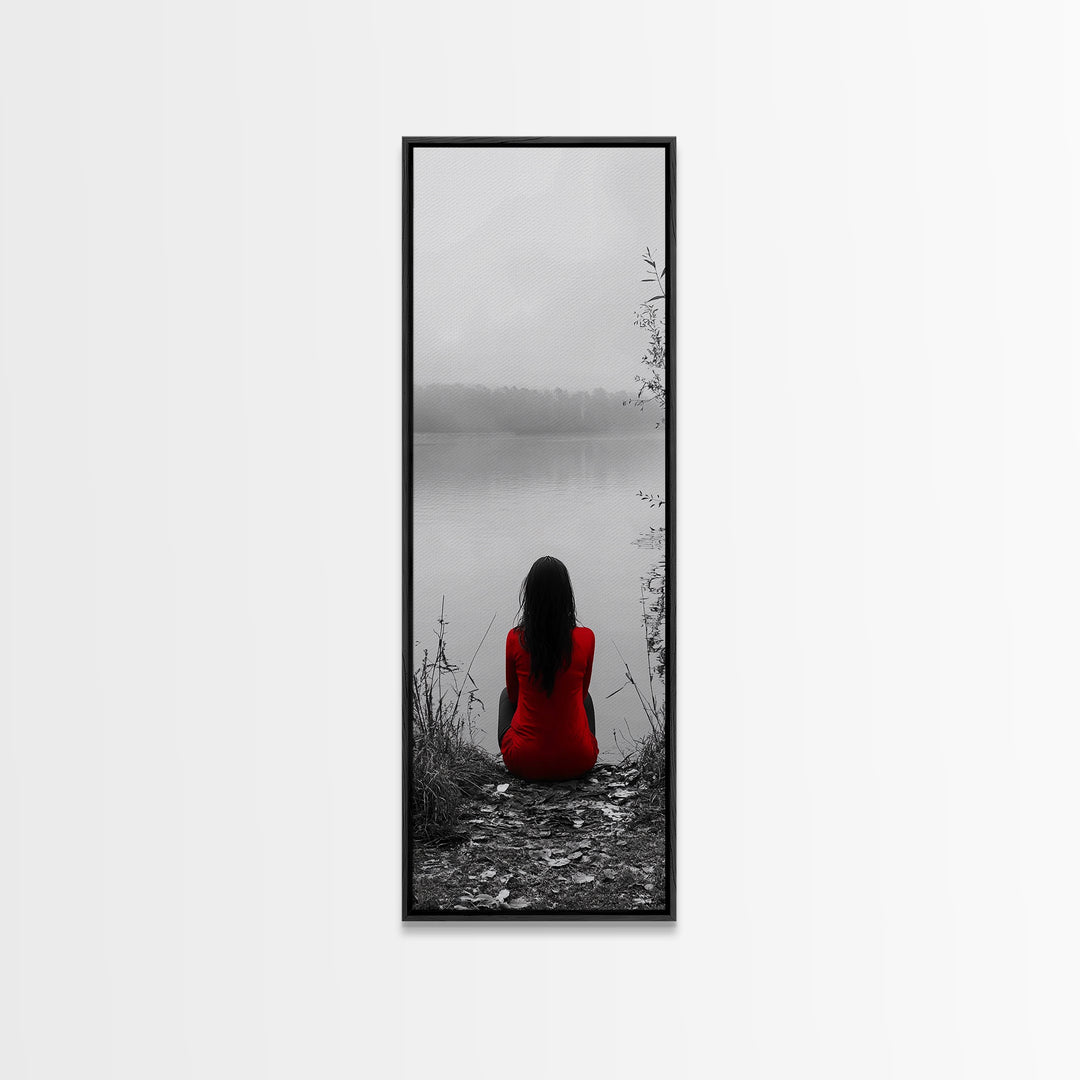 Solitude Reflection, Red Dress Woman, Tranquil Mood, Autumn Lake Scene, Framed Canvas Print, Mindful Art, Bedroom Wall Decor