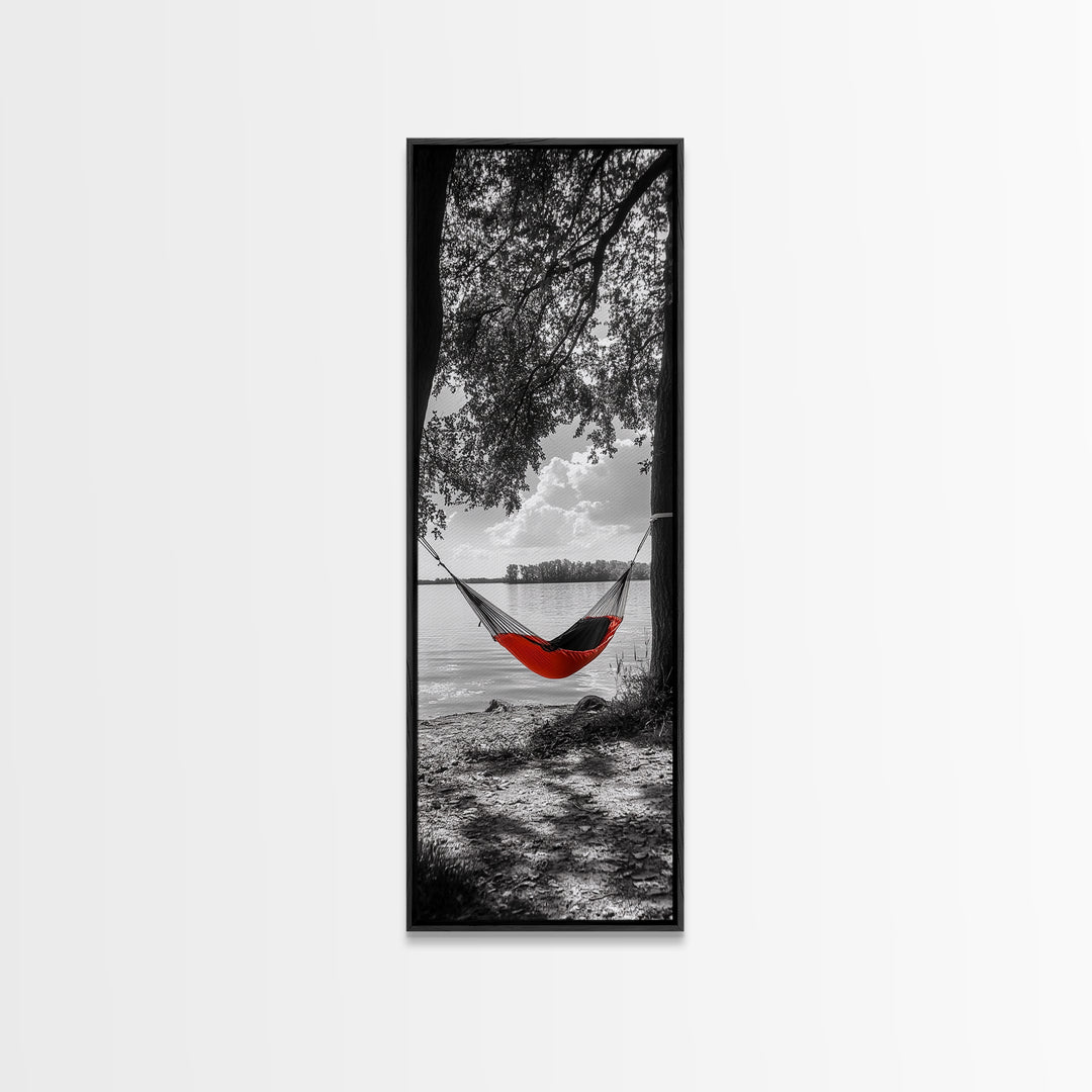 Red Hammock Escape, Nature Lake Art, Serene Moment, Outdoor Vibes, Framed Canvas Print Rustic Bedroom Wall Art, Minimalist Landscape