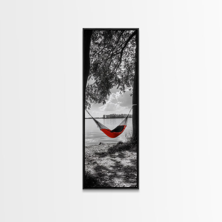 Red Hammock Escape, Nature Lake Art, Serene Moment, Outdoor Vibes, Framed Canvas Print Rustic Bedroom Wall Art, Minimalist Landscape