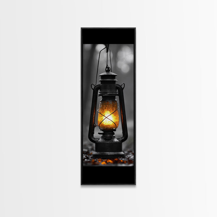 Vintage Lantern Glow, Moody Forest Scene, Rainy Night Light, Framed Canvas Print Rustic Entryway Wall Art, Autumn Warmth Art Style