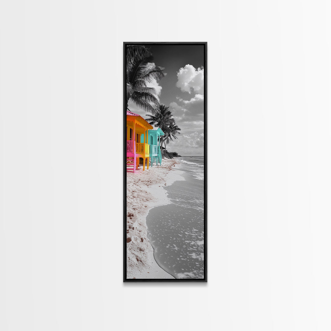 Colorful Beach Houses, Palm Trees, Coastal Row, Framed Canvas Print, Tropical Living Room Art, Boho Seaside Decor, Vibrant Beach Style
