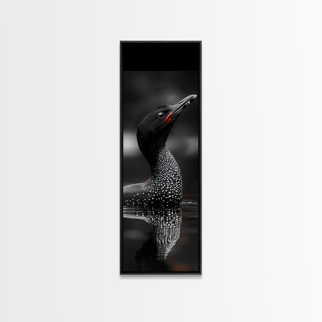 Loon Bird, Red Eye, Monochrome Wildlife, Nature Framed Canvas Print, modern living room wall art, black and white animal art