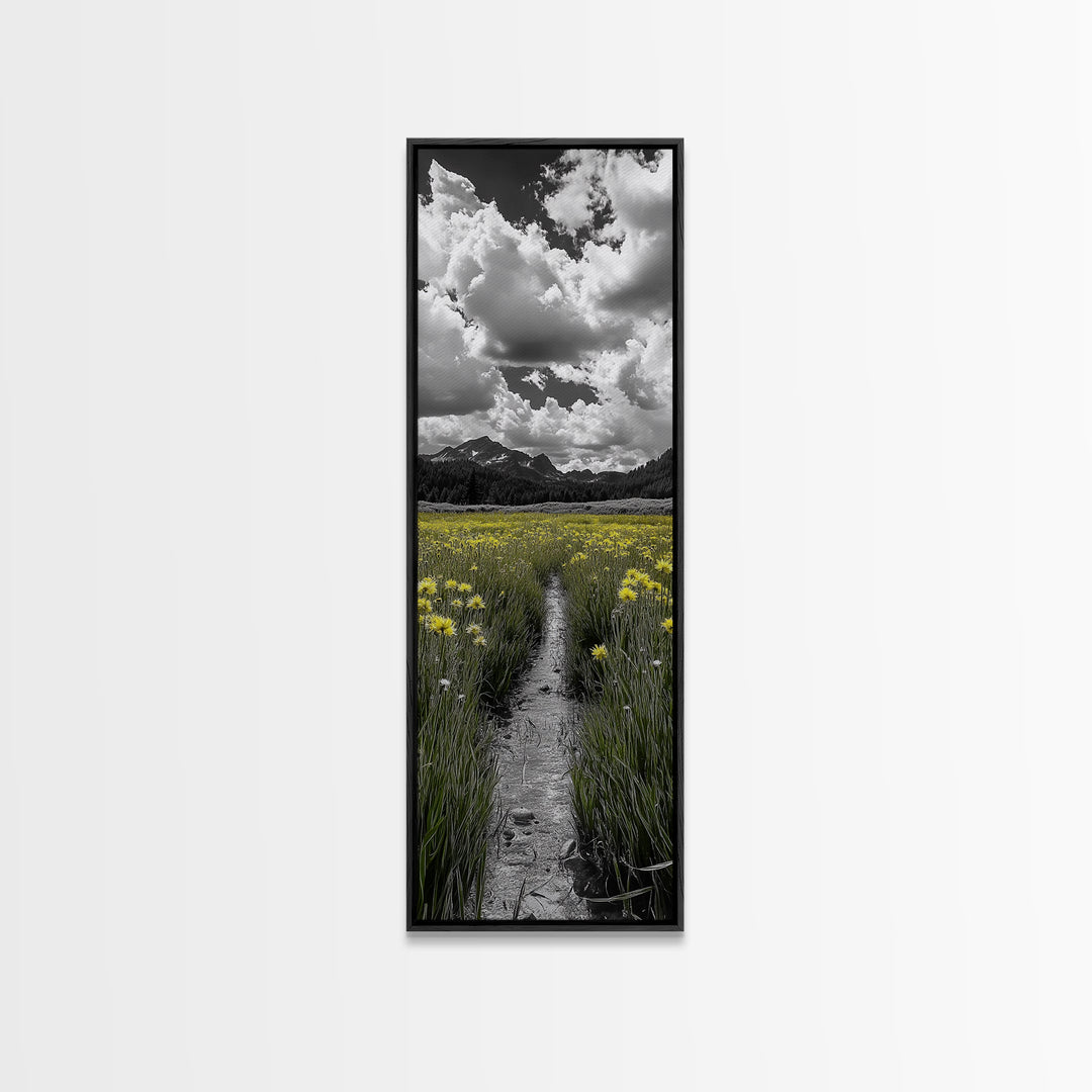 Yellow Field, Mountain Trail, Alpine Meadow, Bright Sky Framed Canvas Print, nature lover gift, landscape wall decor, cabin wall art