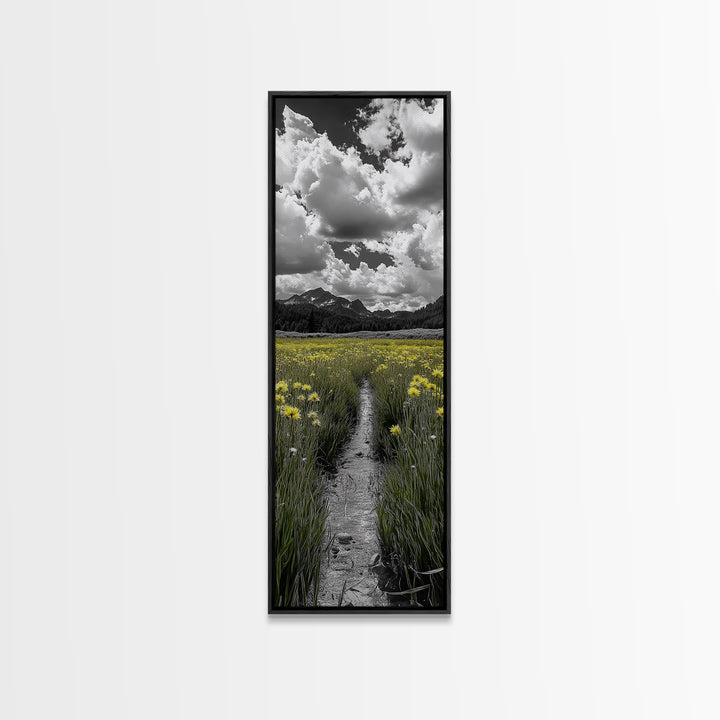 Yellow Field, Mountain Trail, Alpine Meadow, Bright Sky Framed Canvas Print, nature lover gift, landscape wall decor, cabin wall art