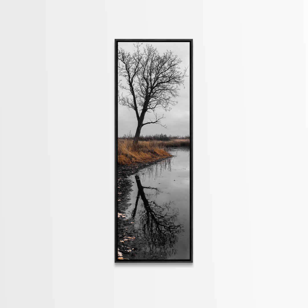 Bare Tree, Marsh Reflection, Autumn Tones, Moody Nature Framed Canvas Print, fall farmhouse wall art, rustic entryway decor, office wall art
