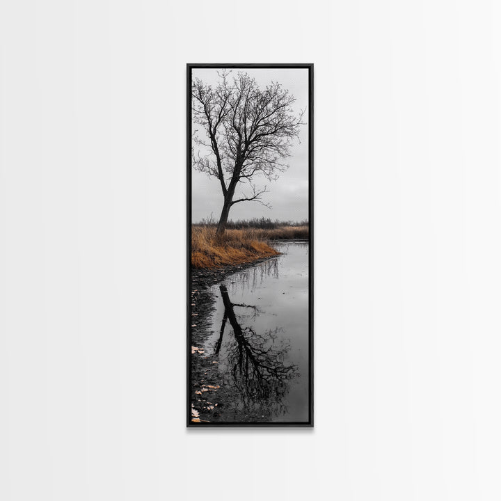 Bare Tree, Marsh Reflection, Autumn Tones, Moody Nature Framed Canvas Print, fall farmhouse wall art, rustic entryway decor, office wall art