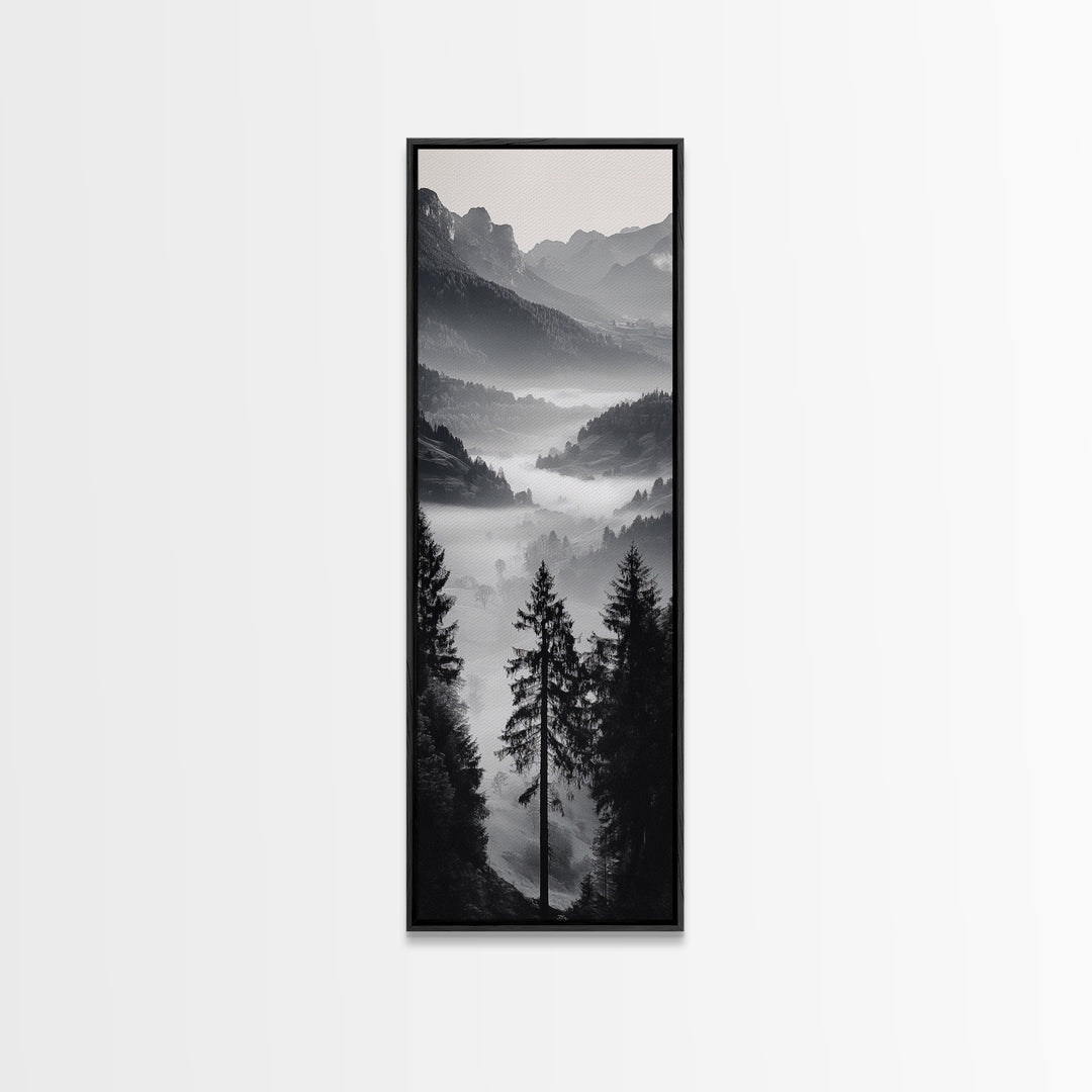 Foggy Mountains, Pine Forest, Valley Mist, Calm Landscape, Canvas Print, entryway wall art, cozy cabin vibes, grayscale art style