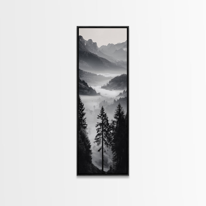Foggy Mountains, Pine Forest, Valley Mist, Calm Landscape, Canvas Print, entryway wall art, cozy cabin vibes, grayscale art style