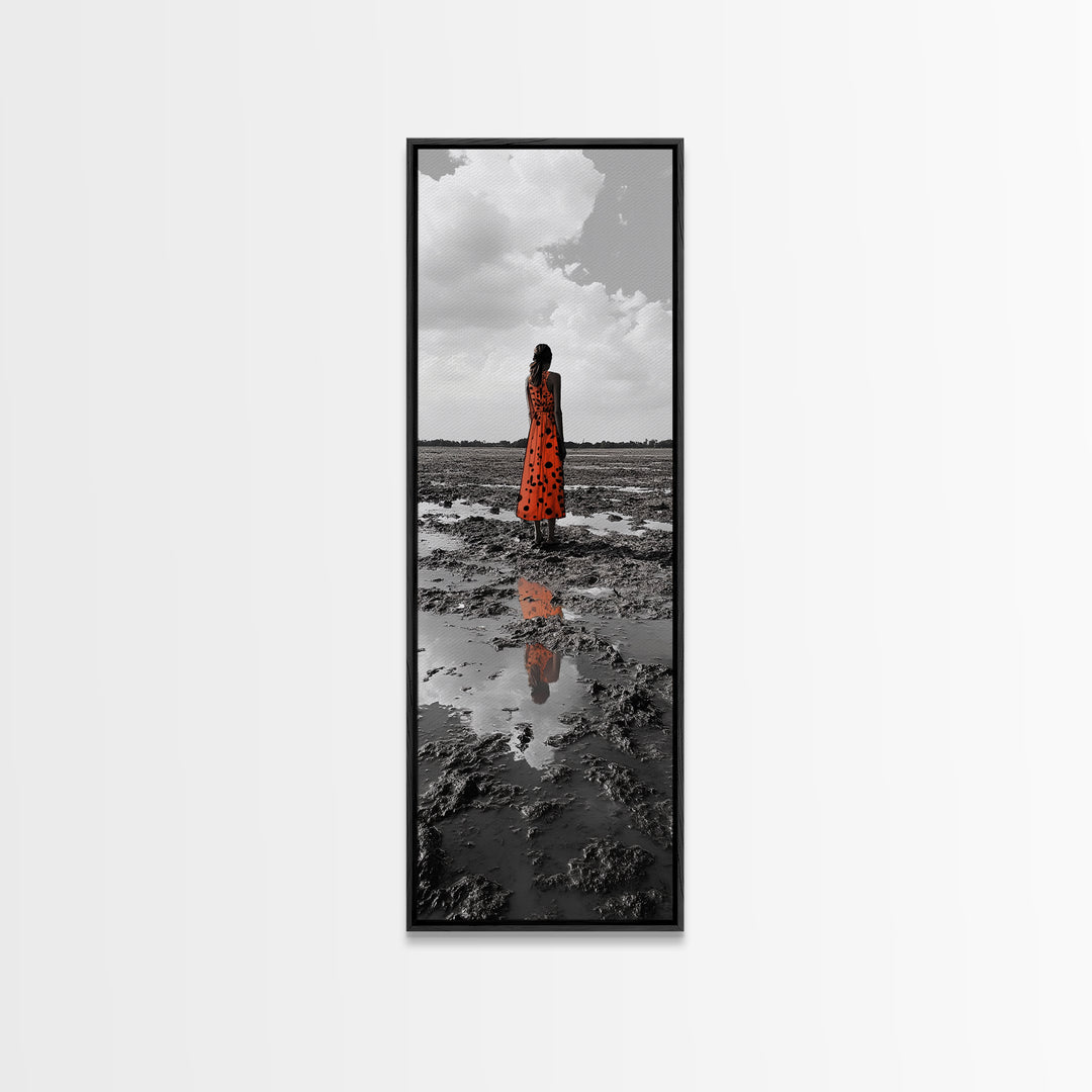 Solitary Woman, Polka Dot Dress, Reflected Mood, Framed Canvas Print, Surreal Fine Art, Bedroom Wall Art, Contemporary Minimalist Style