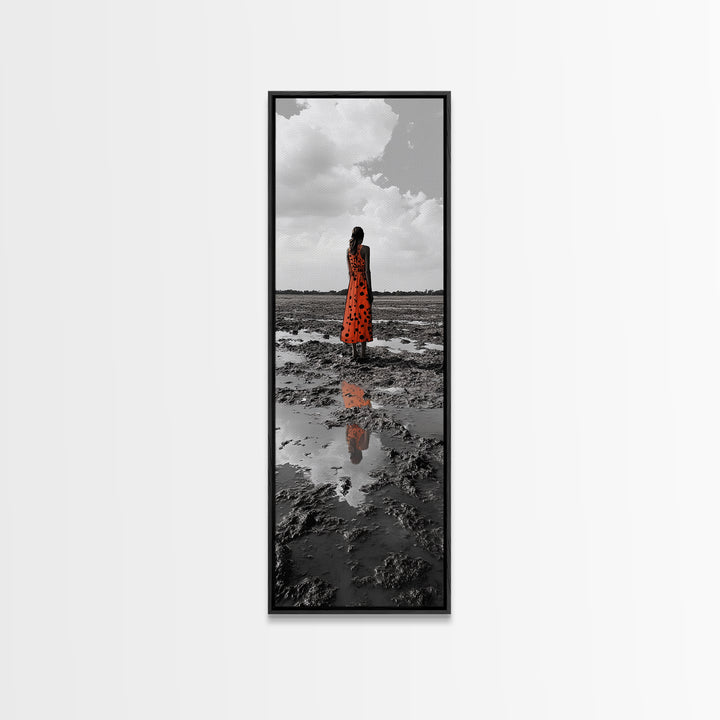 Solitary Woman, Polka Dot Dress, Reflected Mood, Framed Canvas Print, Surreal Fine Art, Bedroom Wall Art, Contemporary Minimalist Style