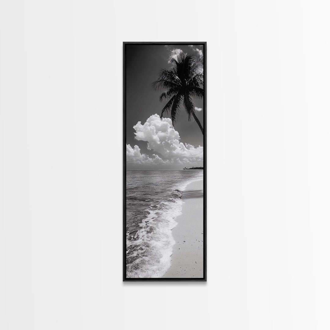 Tropical Palm, Beach Scene, Coastal Vibes, Framed Canvas Print, Relaxing Ocean Art, Bathroom Wall Decor, Minimalist Seaside Landscape