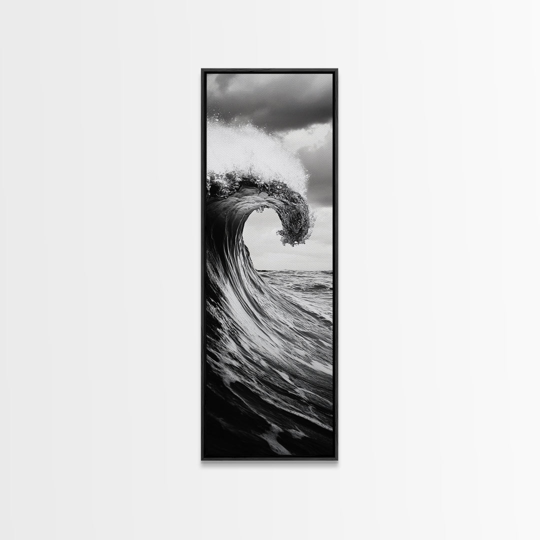 Ocean Wave, Monochrome Surf, Nature Power, Dramatic Sea, Framed Canvas Print, Coastal Wall Decor, Modern Bathroom Art, Minimalist Ocean Art