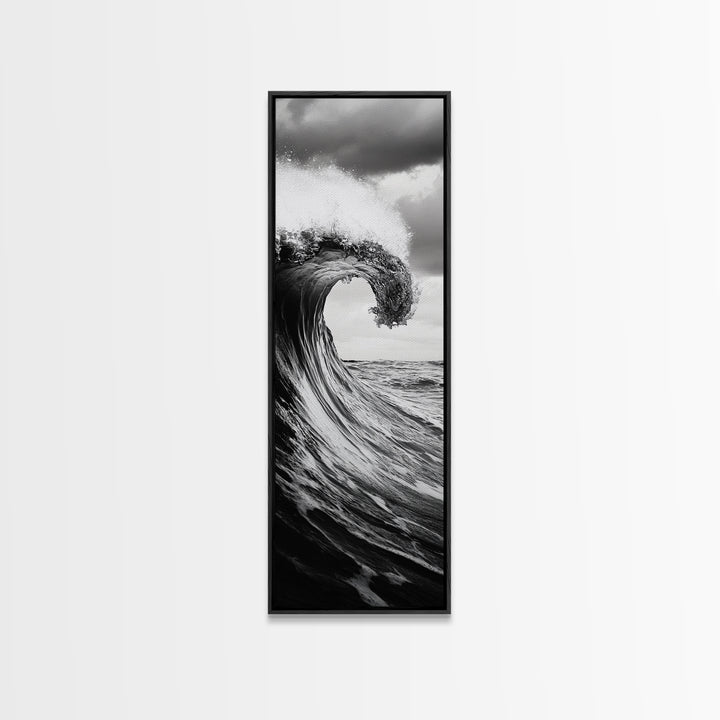 Ocean Wave, Monochrome Surf, Nature Power, Dramatic Sea, Framed Canvas Print, Coastal Wall Decor, Modern Bathroom Art, Minimalist Ocean Art