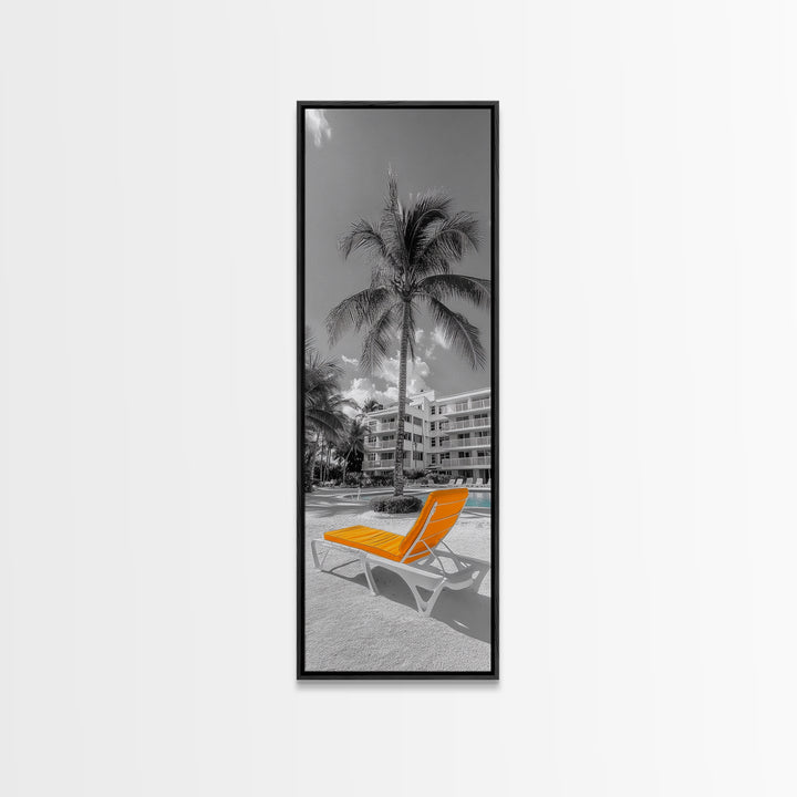Poolside Palm, Tropical Escape, Resort Vibe, Orange Chair, Framed Canvas Print, Summer Wall Decor, Boho Art, Living Room Tropical Art