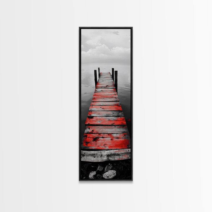 Red Dock, Still Water, Rustic Lake, Quiet Pier, Canvas Print, Bedroom Wall Art, Moody Lake Photography, Autumn Cabin Decor, Minimalist