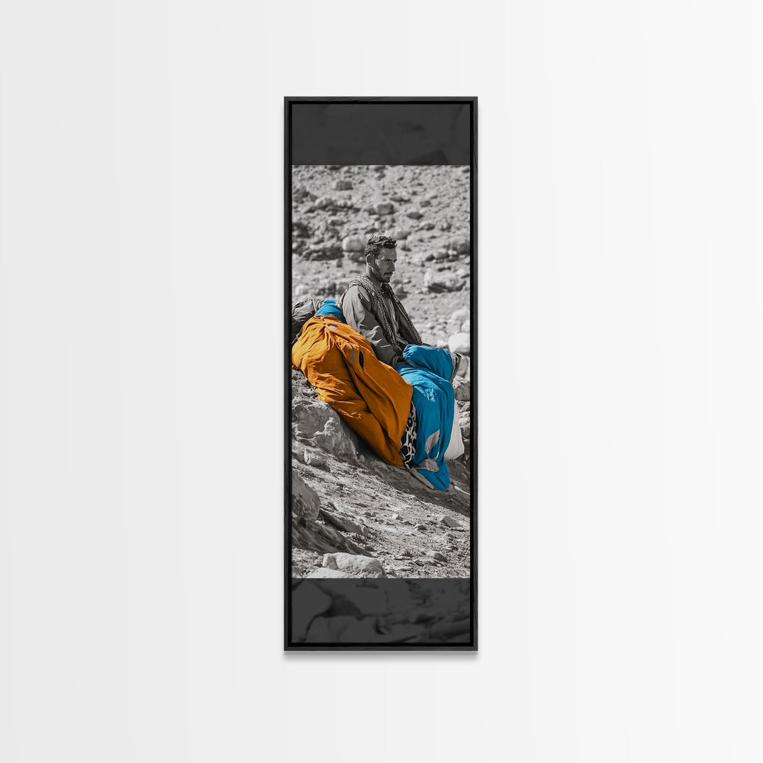 Nomadic Man, Desert Life, Color Blankets, Tribal Spirit, Framed Canvas Print, Ethnic Art, Boho Decor, Bedroom Wall Art, Cultural Piece
