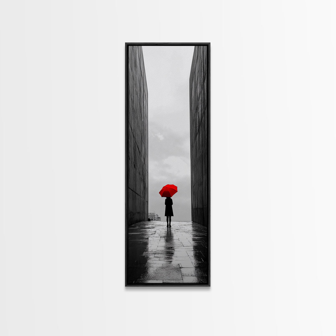 Red Umbrella, Rainy Day, Urban Silhouette, Framed Canvas Print, Minimalist Wall Art, Modern Entryway Decor, Monochrome Mood