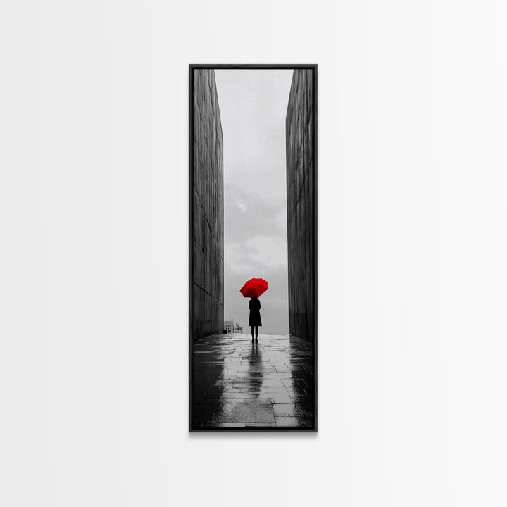Red Umbrella, Rainy Day, Urban Silhouette, Framed Canvas Print, Minimalist Wall Art, Modern Entryway Decor, Monochrome Mood