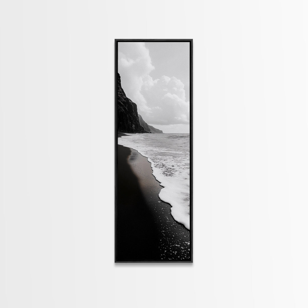 Black Sand, Ocean Foam, Rocky Shoreline, Coastal Serenity, Framed Canvas Print, Monochrome Wall Art, Bathroom Decor, Beach Minimalist