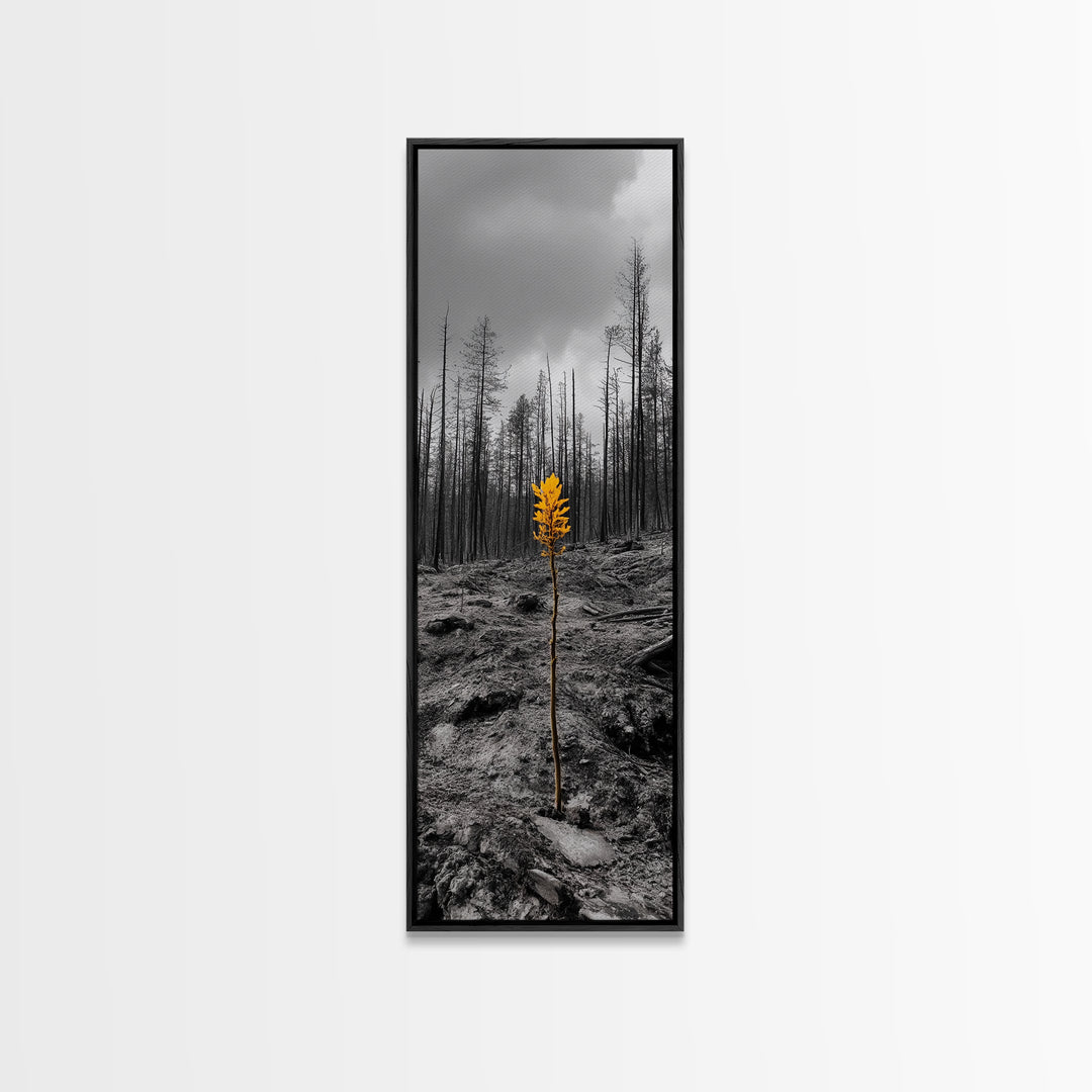 Lone Sprout, Forest Renewal, Emotional Nature Scene, Moody Landscape Art, Framed Canvas Print, Autumn Wall Decor, Rustic Nature Style