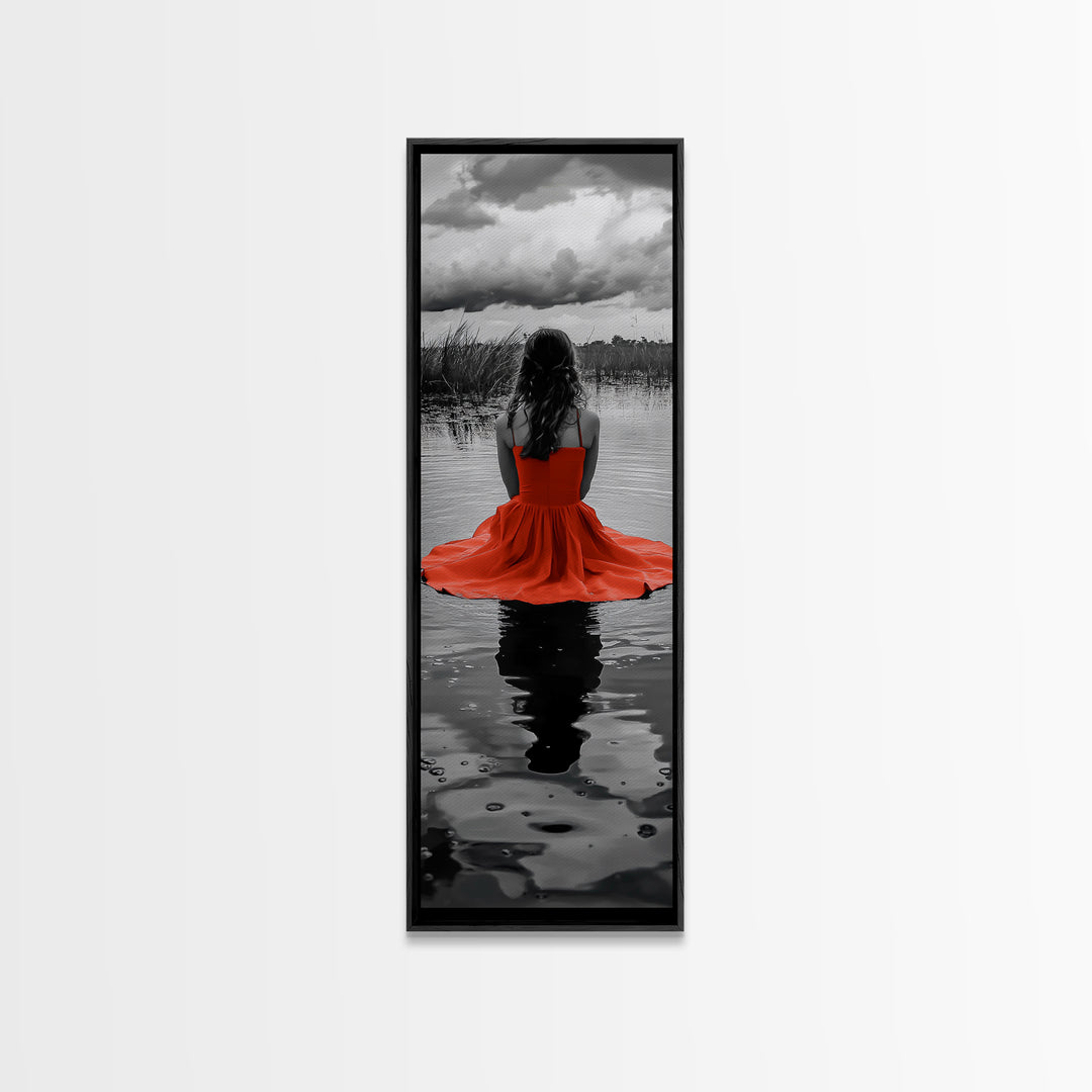 Woman in Red, Serene Lake, Moody Reflections, Dramatic Art Scene, Canvas Print, Bedroom Wall Art, Romantic Decor, Adventure Themed Ar