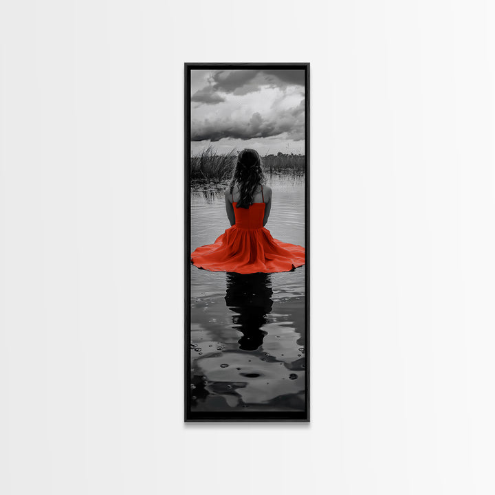 Woman in Red, Serene Lake, Moody Reflections, Dramatic Art Scene, Canvas Print, Bedroom Wall Art, Romantic Decor, Adventure Themed Ar