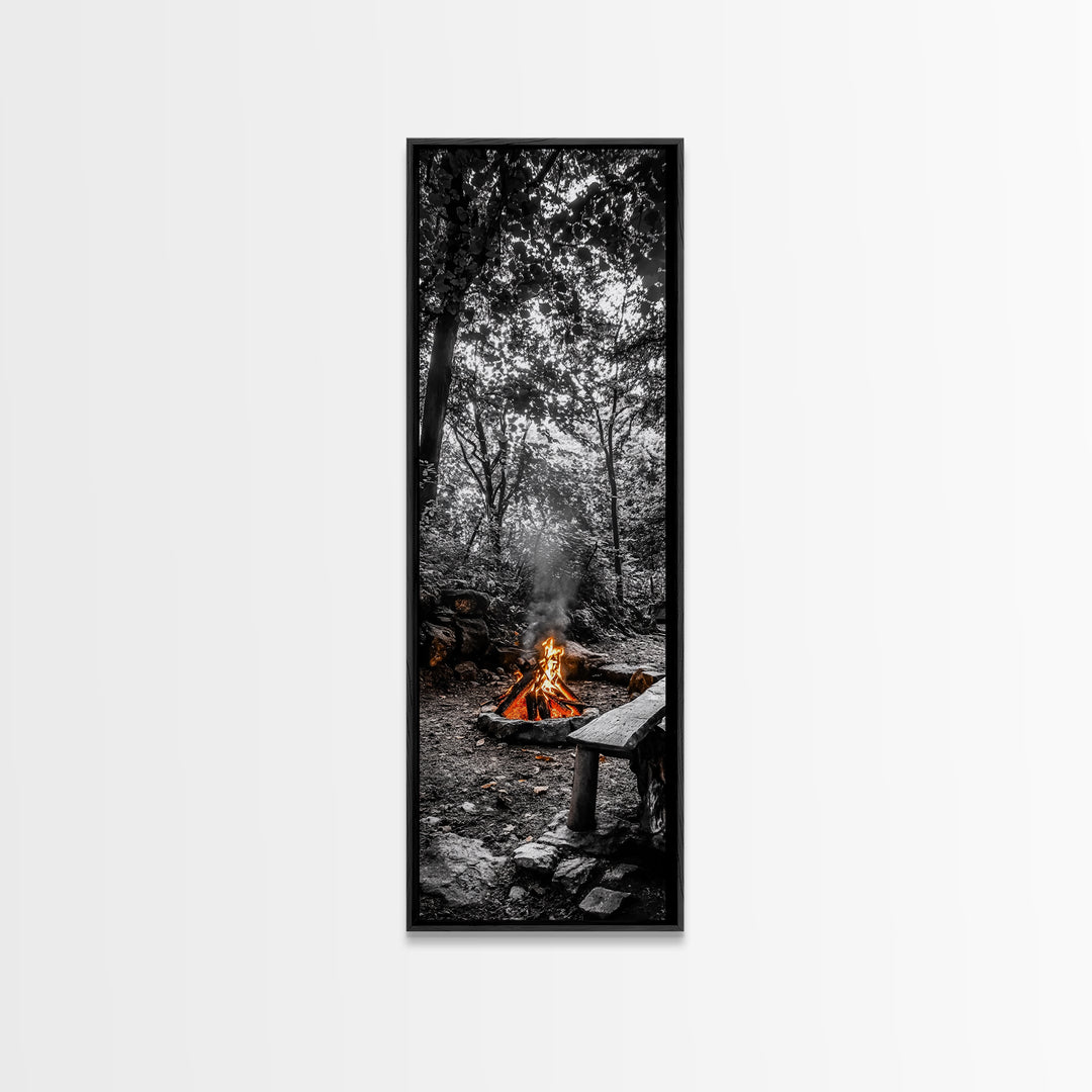 Forest Firepit, Glowing Flames, Wilderness Night, Framed Canvas Print, Camping Wall Art, Rustic Fall Decor, Cabin Living Style