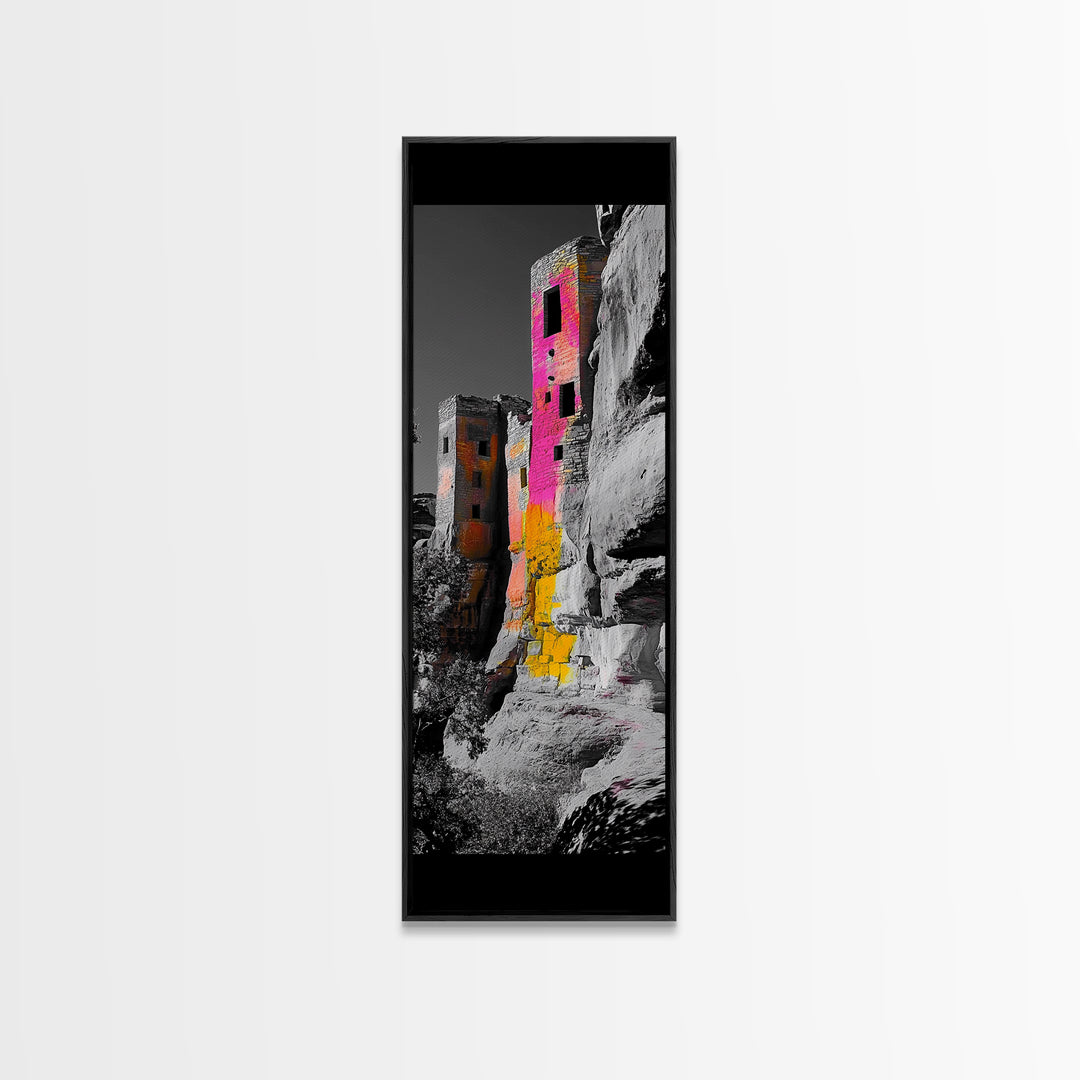 Cliff Dwelling Art, Ancient Ruins Style, Colorful Boho Home Decor, Framed Canvas Print, Southwestern Living Room Wall Art, Hallway Wall Art