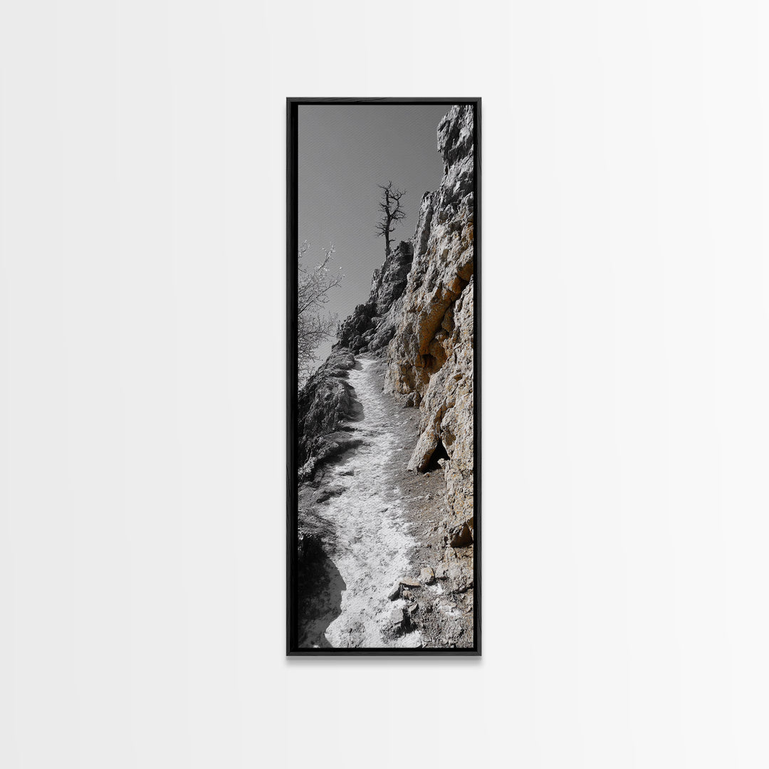 Cliff Pathway Art, Nature Trail Scene, Monochrome Rustic Landscape, Framed Canvas Print, Mountain Cabin Entryway Wall Decor