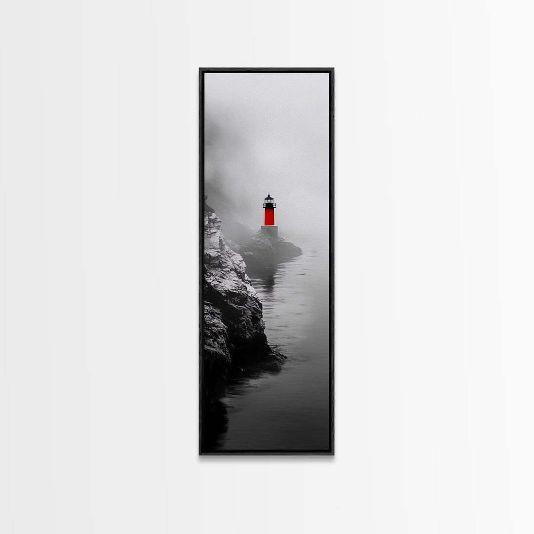 Misty Lighthouse View, Red Beacon Decor, Coastal Minimalist Art, Framed Canvas Print, Modern Seascape Living Room Wall Decor