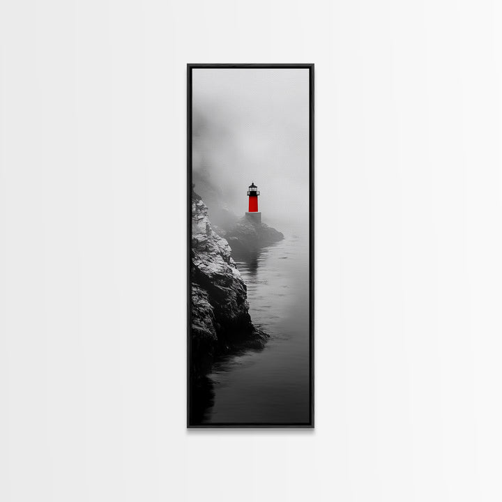 Misty Lighthouse View, Red Beacon Decor, Coastal Minimalist Art, Framed Canvas Print, Modern Seascape Living Room Wall Decor