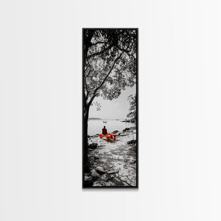 Lonely Figure, Red Bench, Reflective Scene, Peaceful Beach Wall Art, Framed Canvas Print, Black and White Photography, Zen Room Decor
