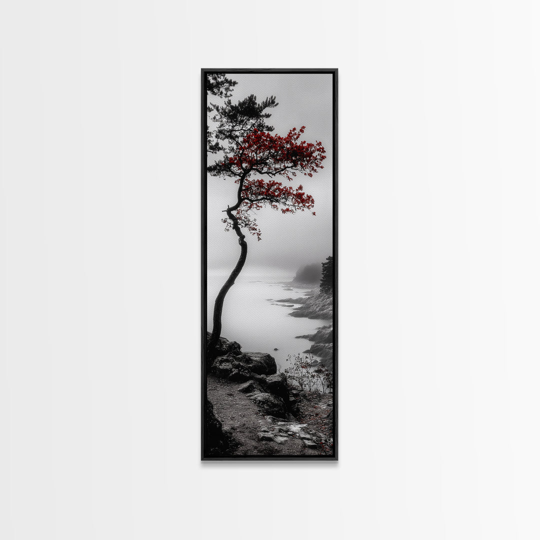 Curved Tree, Foggy Coastline, Red Leaves, Moody Nature Canvas Print, Autumn Landscape, Bedroom Wall Art, Minimalist Earthy Decor