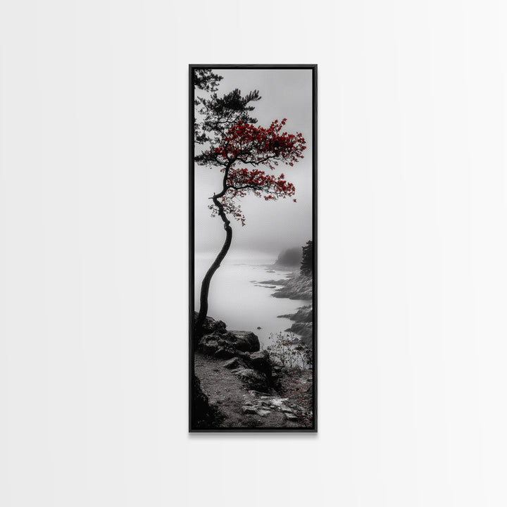 Curved Tree, Foggy Coastline, Red Leaves, Moody Nature Canvas Print, Autumn Landscape, Bedroom Wall Art, Minimalist Earthy Decor