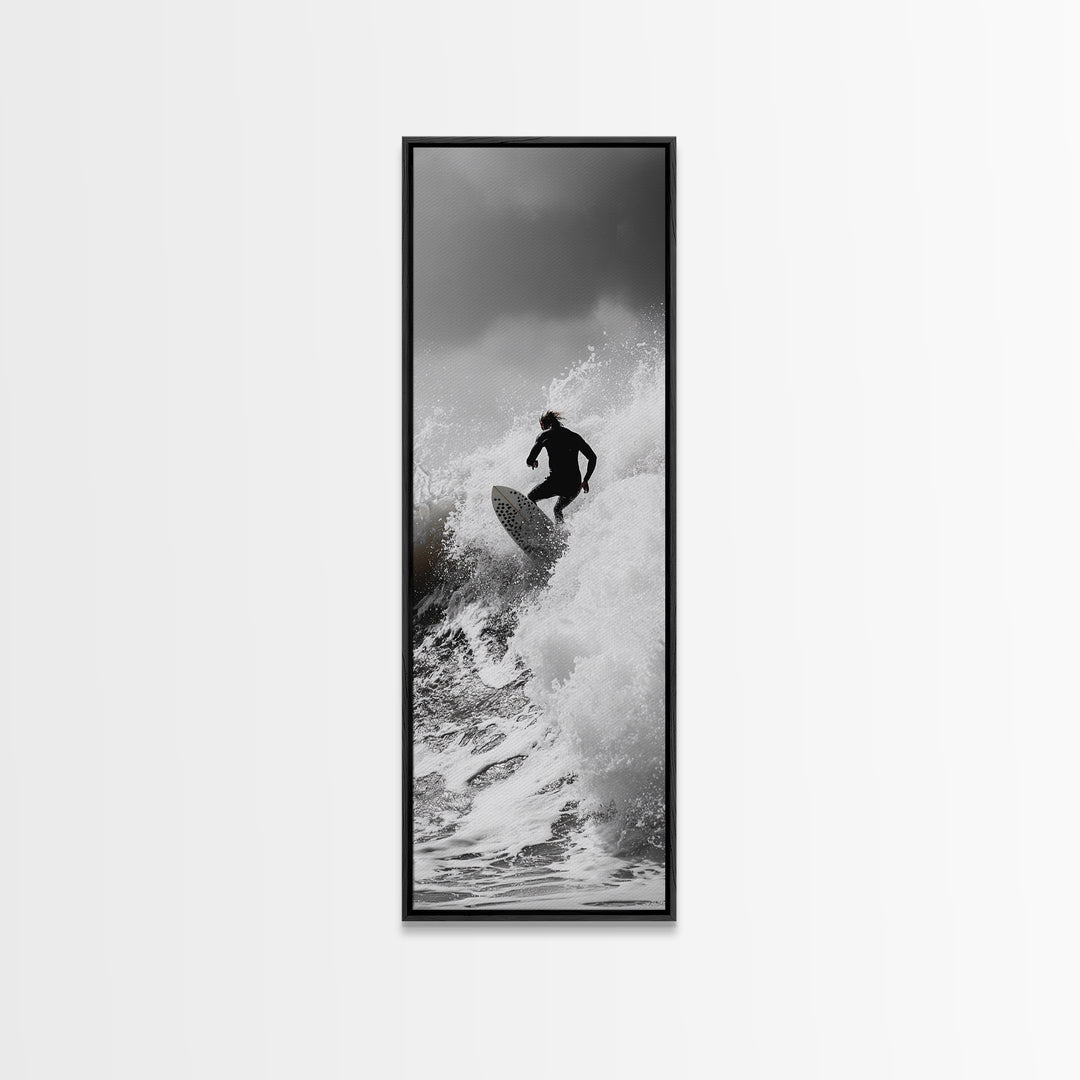 Surfer Wave, Extreme Sports, Ocean Power, Surf Culture, Dynamic Motion Shot, Framed Canvas Print, Coastal Teen Bedroom Wall Art
