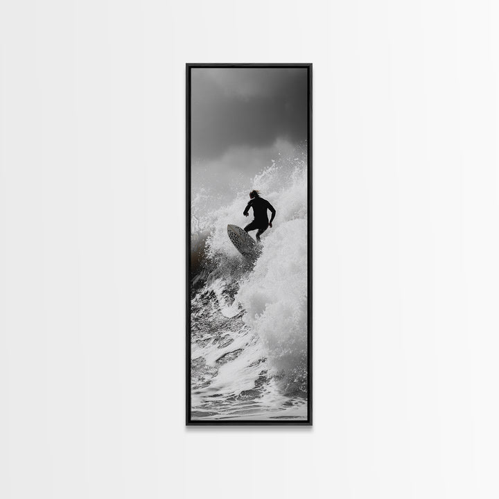 Surfer Wave, Extreme Sports, Ocean Power, Surf Culture, Dynamic Motion Shot, Framed Canvas Print, Coastal Teen Bedroom Wall Art
