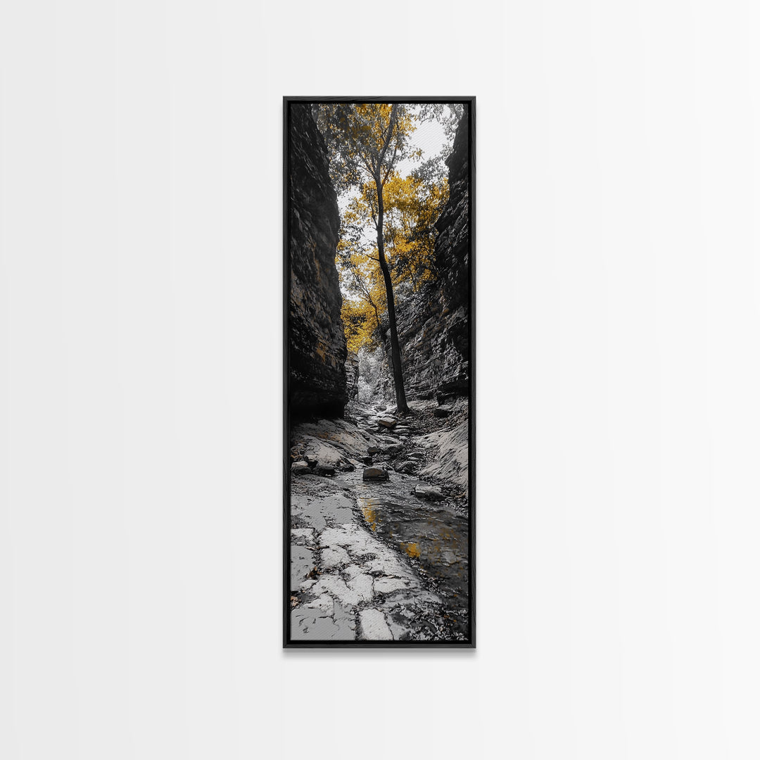 Autumn Gorge, Fall Stream, Yellow Trees, Nature Canyon Trail, Framed Canvas Print, Rustic Hallway Decor, Cozy Autumn Living Room Art