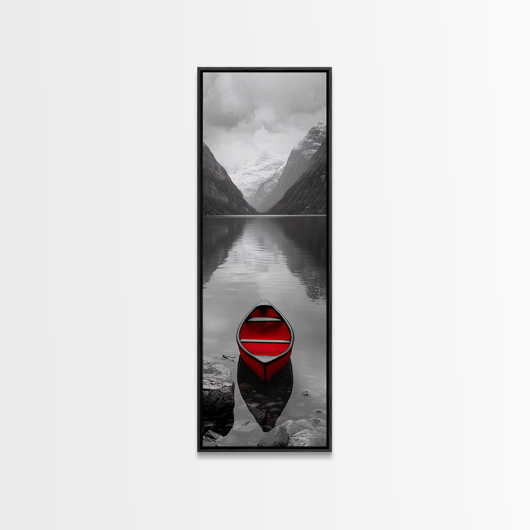 Red Canoe, Mountain Lake, Minimalist Reflection, Snowy Peaks, Framed Canvas Print, Nordic Cabin Wall Art, Serene Bedroom Decor