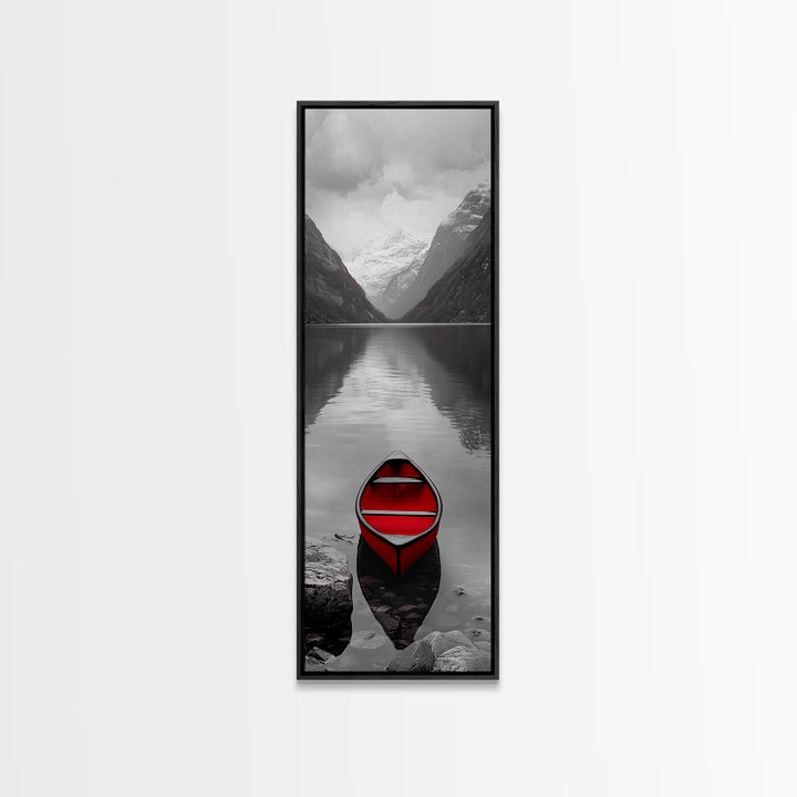 Red Canoe, Mountain Lake, Minimalist Reflection, Snowy Peaks, Framed Canvas Print, Nordic Cabin Wall Art, Serene Bedroom Decor
