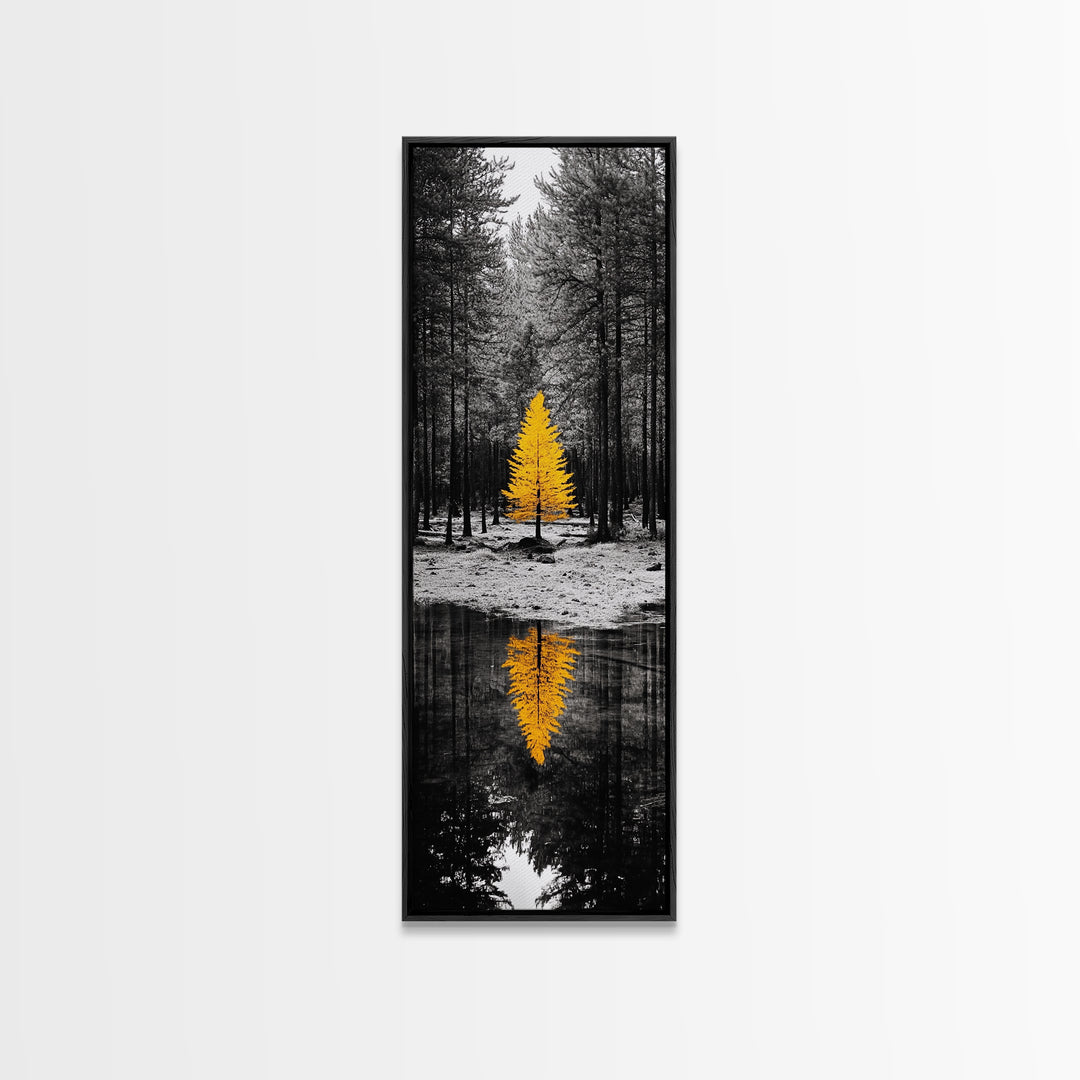 Golden Tree, Forest Reflection, Autumn Solitude, Nature Focused Minimalism, Framed Canvas Print, Zen Bathroom or Office Wall Art