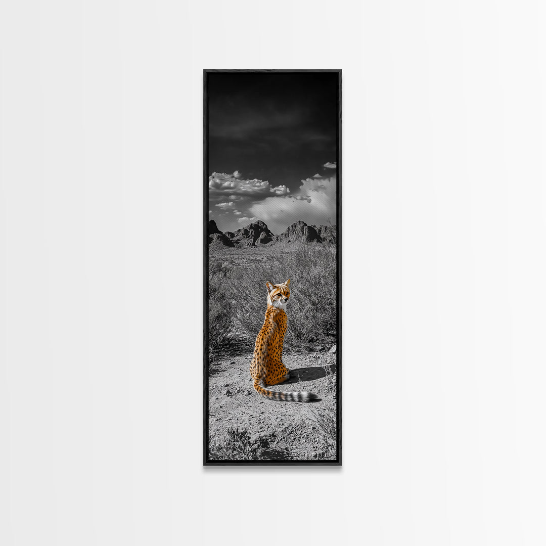 Wild Serval, Desert Cat, Savannah Wildlife, Majestic Predator, Framed Canvas Print, Safari Theme Living Room Wall Art, Modern Nature Decor