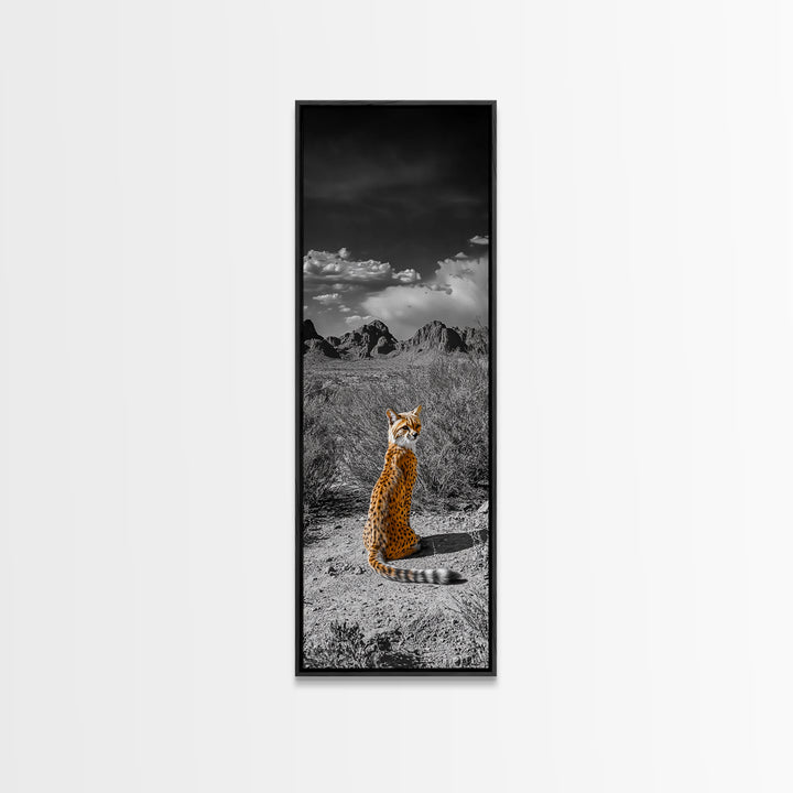 Wild Serval, Desert Cat, Savannah Wildlife, Majestic Predator, Framed Canvas Print, Safari Theme Living Room Wall Art, Modern Nature Decor