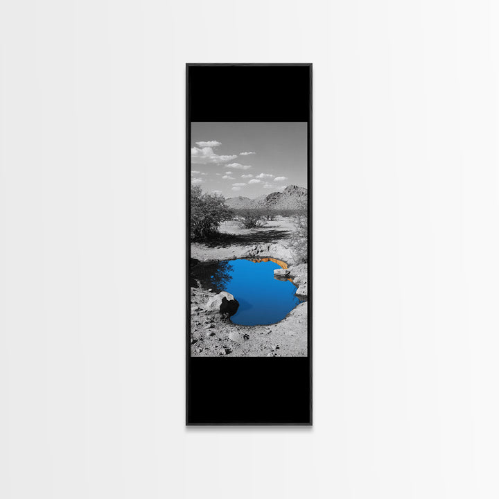 Blue Oasis, Desert Pool, Tranquil Reflection, Minimalist Landscape, Framed Canvas Print, Serene Entryway Wall Art, Calm Southwestern Decor