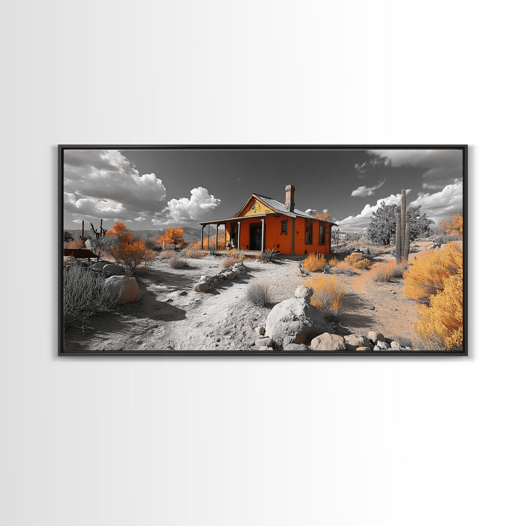 Desert Cabin, Rustic Southwest, Boho Landscape, Autumn Decor, Framed Canvas Print, Living Room Wall Art, Warm Earth Tones, Western Vibes