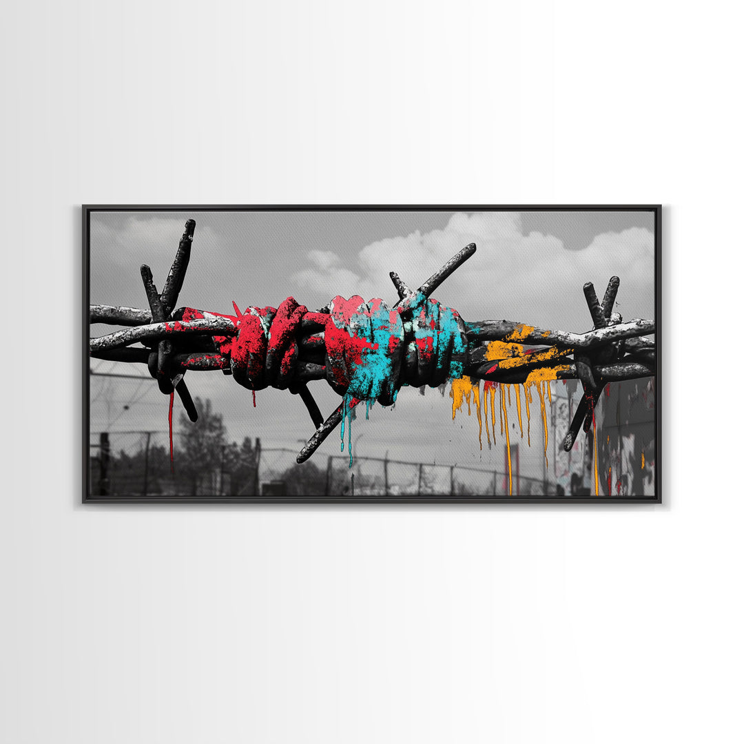 Barbed Wire, Graffiti Art, Urban Street Style, Grunge Decor, Framed Canvas Print, Industrial Wall Art, Dripping Paint, Mixed Media Style