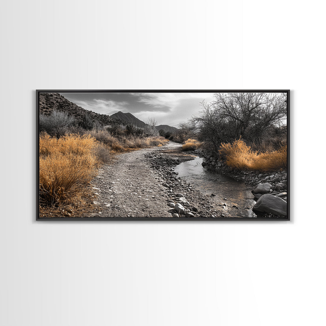 Autumn Path, Golden Bushes, Seasonal Stream, Fall Foliage, Framed Canvas Print, Cozy Entryway Decor, Rustic Wall Art, Nature Inspired