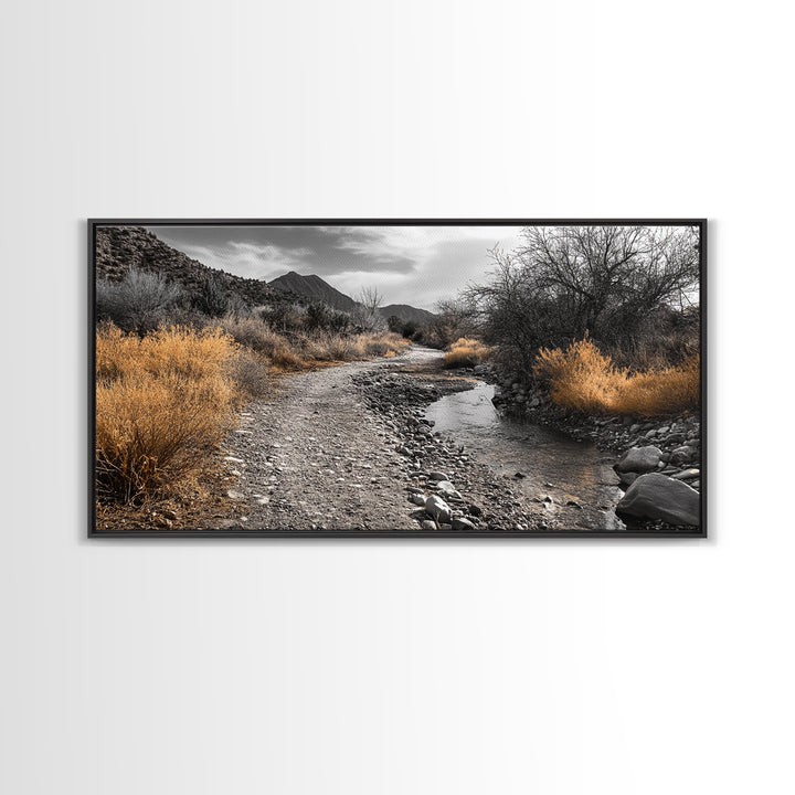 Autumn Path, Golden Bushes, Seasonal Stream, Fall Foliage, Framed Canvas Print, Cozy Entryway Decor, Rustic Wall Art, Nature Inspired