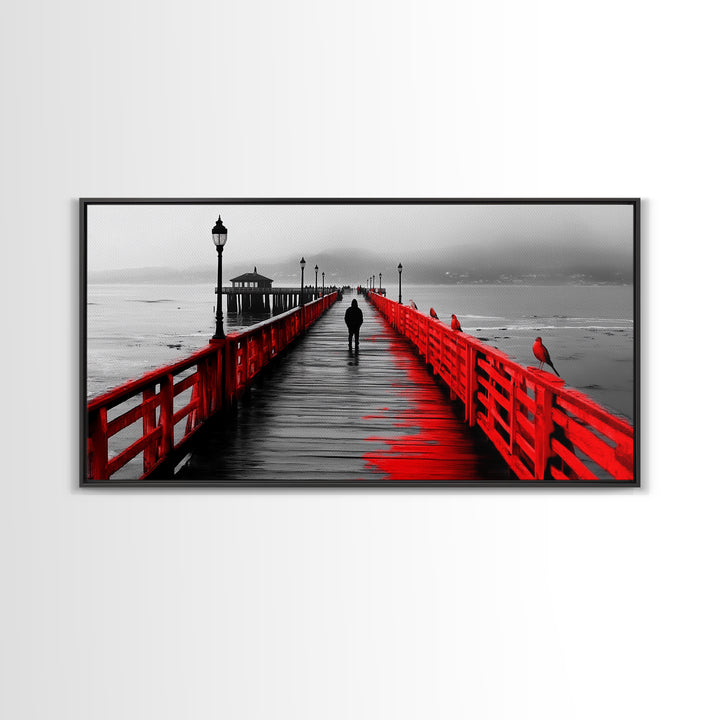 Pier, Red Railings, Fog, Lonely walk down a vivid red pier into the mist in this Framed Canvas Print, Coastal Decor, Minimalist Wall Art