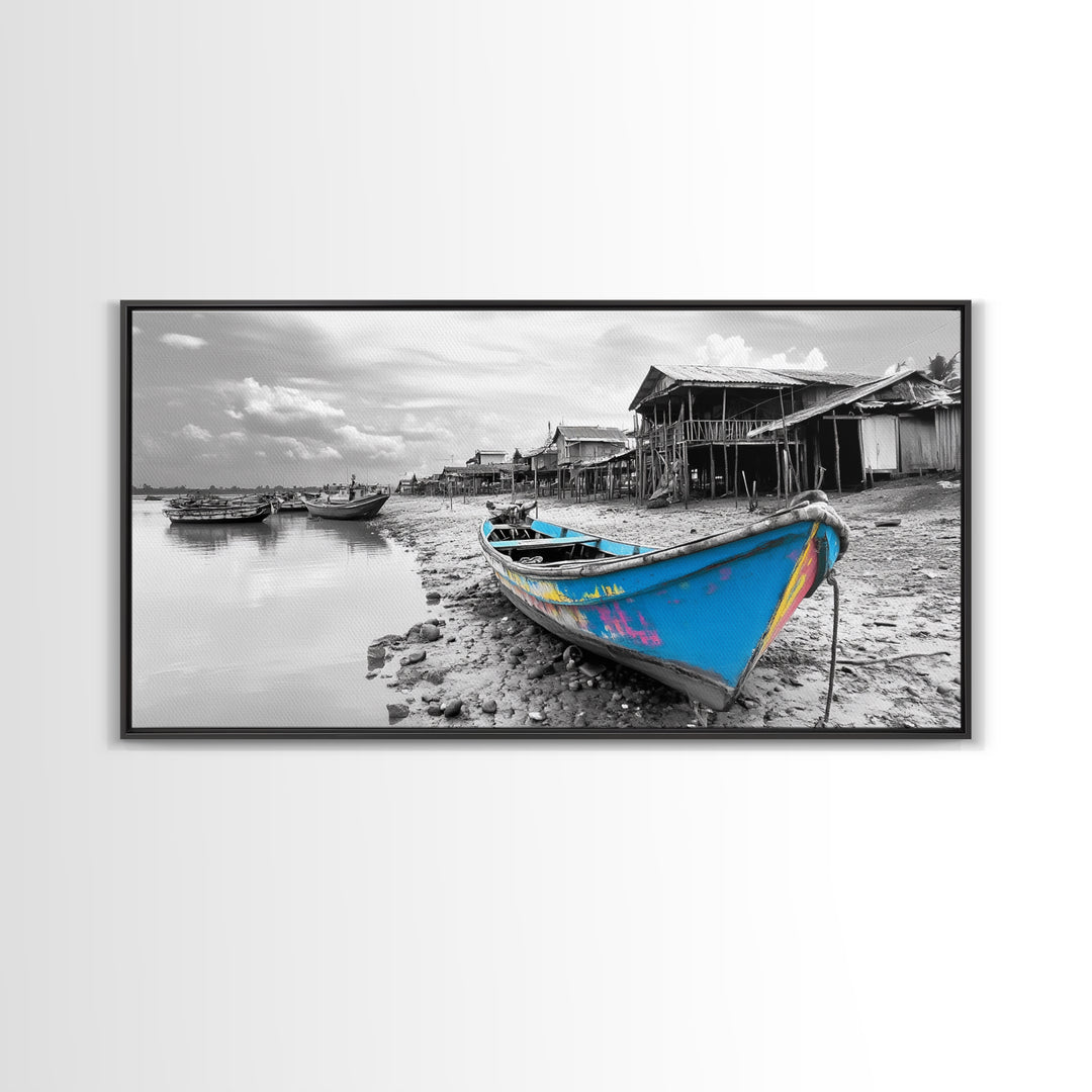 Blue Boat, Shore Village, Coastal Charm, Framed Canvas Print, Rustic Fishing Art, Seaside Home Decor, Nautical Style, Ocean Wall Art